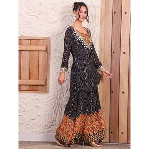 Conjunto Coordinado de Chifón de Viscosa Pura con Estampado Bandhani Negro para Mujer, Estilo Bohemio para Primavera/Verano - Product Image 6