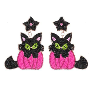 Pendientes de Gato Negro y Calabaza Bordados con Cuentas, Hechos a Mano, Elegantes y a la Moda, de la India - Product Image 1