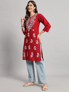 Coton pour femmes Lucknowi Kari Kurti Fine Machine Brodé Vêtements réguliers Vêtements indiens et pakistanais - Product Image 6