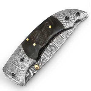Cuchillo plegable de Damasco Cuchillos de bolsillo con mango de cuerno de hoja fuerte de acero de Damasco profesional con funda. - Product Image 6