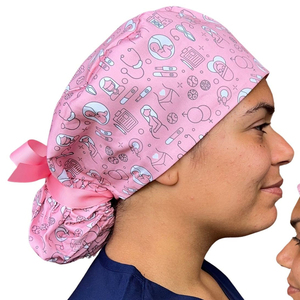 Gorros de enfermera con estampado de logotipo personalizado y gorros de cola de caballo con lazos de cinta, gorros de fregado transpirables forrados de satén para mujer - Product Image 3