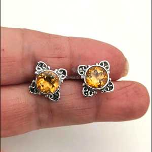 Pendientes de Citrino en Plata de Ley 925, Joyería Artesanal con Piedras Preciosas, Estilo Bohemio, Engaste de Bisel, Regalo para Aniversario y Fiesta - Product Image 1