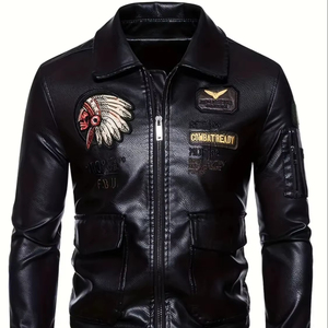 Chaqueta de moto americana Vintage con cuello levantado nueva primavera otoño Top bordado cuello cuadrado moda Color sólido cuero - Product Image 1