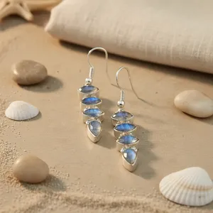 Boucles d'oreilles pendantes pour femmes en argent plaqué, serties d'opale, forme géométrique, style bohème, bijoux de mode pour le quotidien et les mariages - Product Image 3