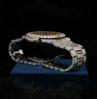 Montre automatique pour homme en acier inoxydable, style hip-hop, avec diamants taillés brillants, clarté VVS, fermoir caché à bouton-poussoir, cadran en verre