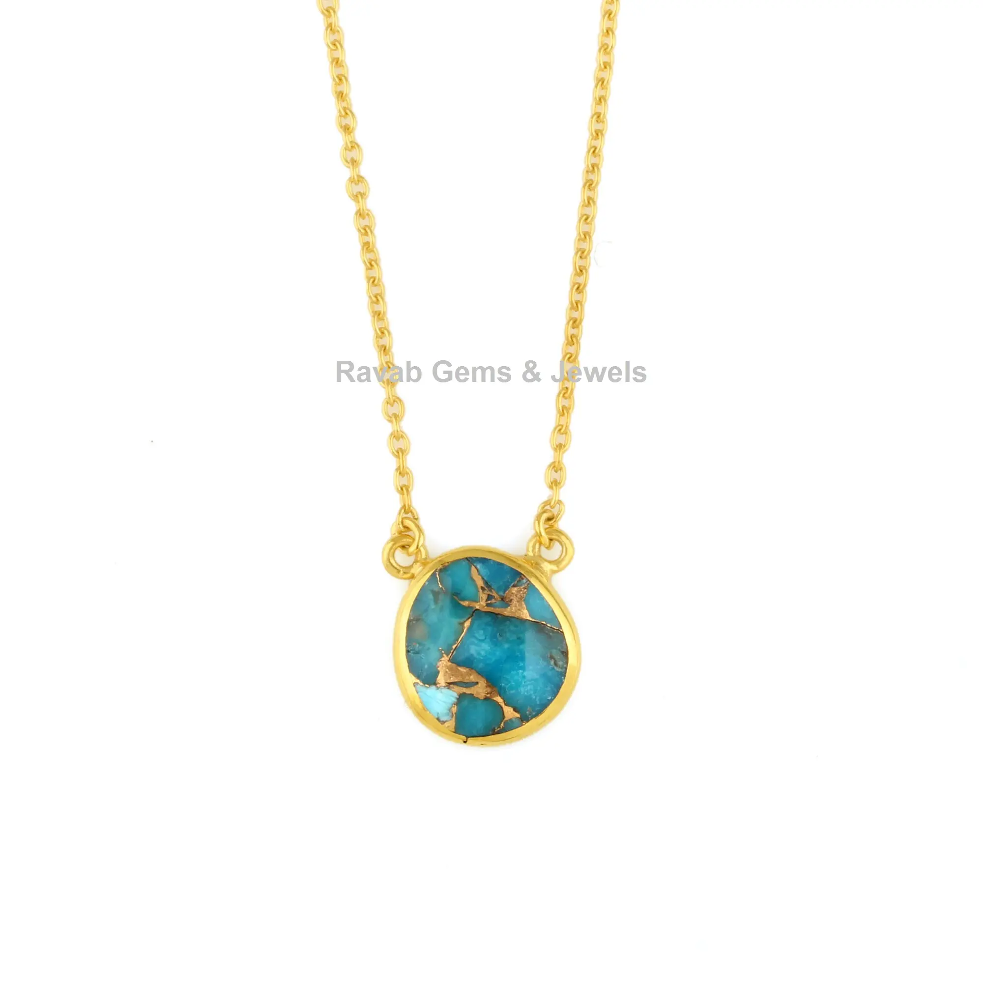 Hot Selling Gemstone Jewelry Natural Blue Copper Turquoise 18k Gold Plated Micron 925 Sterling Silver Chain Necklace For Women