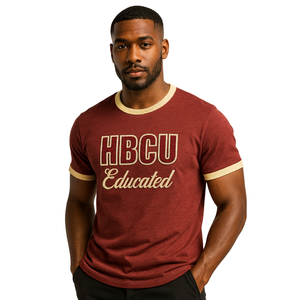 HBCU Educated Men Chenille Contrast <b>Trim</b> Ringer T Shirt Maroon with Neutral Embroidered Letters Soft Cotton Collegiate Apparel - Product Image 1