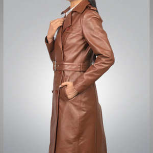 Chaqueta Varsity de Piel de Oveja Marrón, Cuero Genuino Transpirable, Acabado de Alta Calidad, Estilo Abrigo Largo para Mujer - Product Image 4