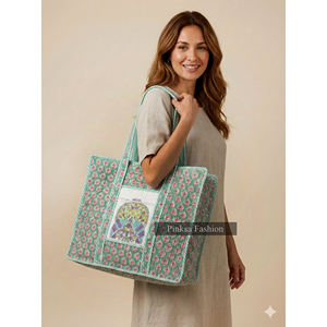 Grand sac fourre-tout fait main avec motif matelassé, imprimé en blocs, poche zippée, style féminin, printemps, automne, hiver, plage, marché - Product Image 2