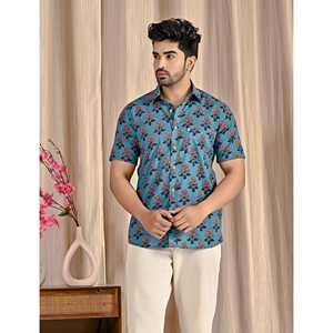 Camisa de Manga Corta para Hombre, Estampado Floral Azul, 100% Algodón, Corte Entallado, Estilo Casual/Esmoquin, Diseño ODM - Product Image 1