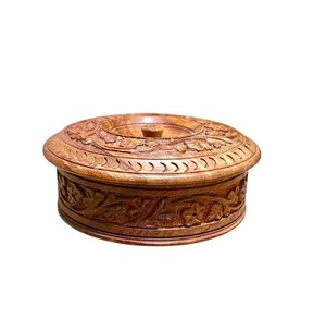 Boîte de rangement ronde en bois gravée à la main de luxe avec couvercle à prix abordable - Product Image 3