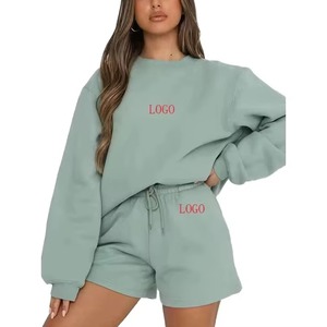 Sweat-shirt et short solides en spandex/polyester pour femmes, ensemble deux pièces, coupe régulière, décontracté, respirant pour un style confortable. - Product Image 1