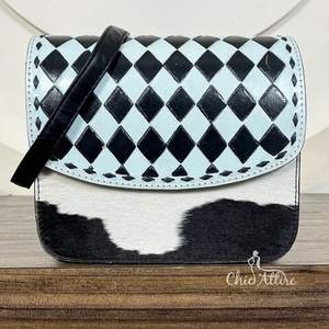 New Hand Tooled Leather Crossbody Bag with Cowhide & <b>Black</b> & White Checkerboard Pattern Western Style Shoulder Handbag for <b>Women</b> - Product Image 1