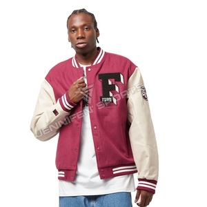 Chaqueta universitaria con parches bordados Chenillie al por mayor, lana de concha, Mangas de cuero, cierre de botón, forro interior acolchado - Product Image 1