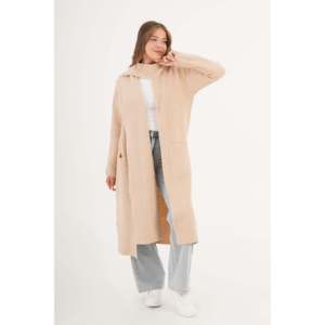 Cárdigan Largo de Punto Beige al por Mayor con Cuello de Bufanda Casual - Product Image 6