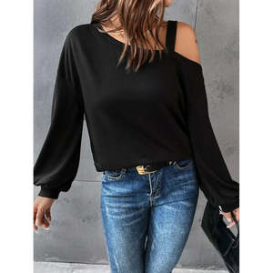 Blusa de viscosa de dos hilos con detalle de tirante en un solo hombro y manga larga para mujer, 30199 - Negro - Product Image 3