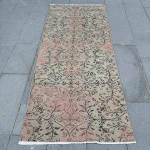 Turkish Vintage Rug, Accent 2.9x7.1 ft (89x217 cm) Rug, <b>Brown</b> Bordered <b>Wool</b> Rug - Product Image 1