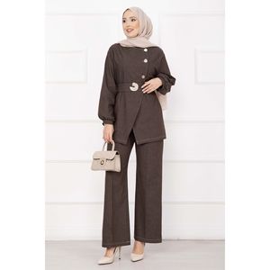 Traje de Mezclilla Premium con Botones Dorados y Cinturón en Color Café con Estampado Vintage, Manga Corta, Estilo Sexy para Primavera/Verano - Product Image 1
