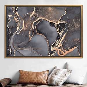 Impression sur toile en verre trempé motif marbre gris et or - Décoration moderne en vitrail, toile encadrée or - Product Image 1