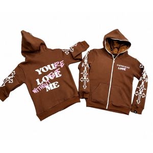 Sweat à capuche unisexe surdimensionné en molleton marron personnalisé avec fermeture éclair, impression et broderie de logo, 100 % coton, service OEM/ODM, respirant - Product Image 1