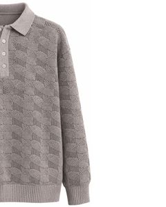 Suéter Polo de Punto Texturizado para Hombre, Manga Larga, Cuello con Botones, Informal, para Invierno, Color Gris Jaspeado, para Venta al por Mayor - Product Image 5