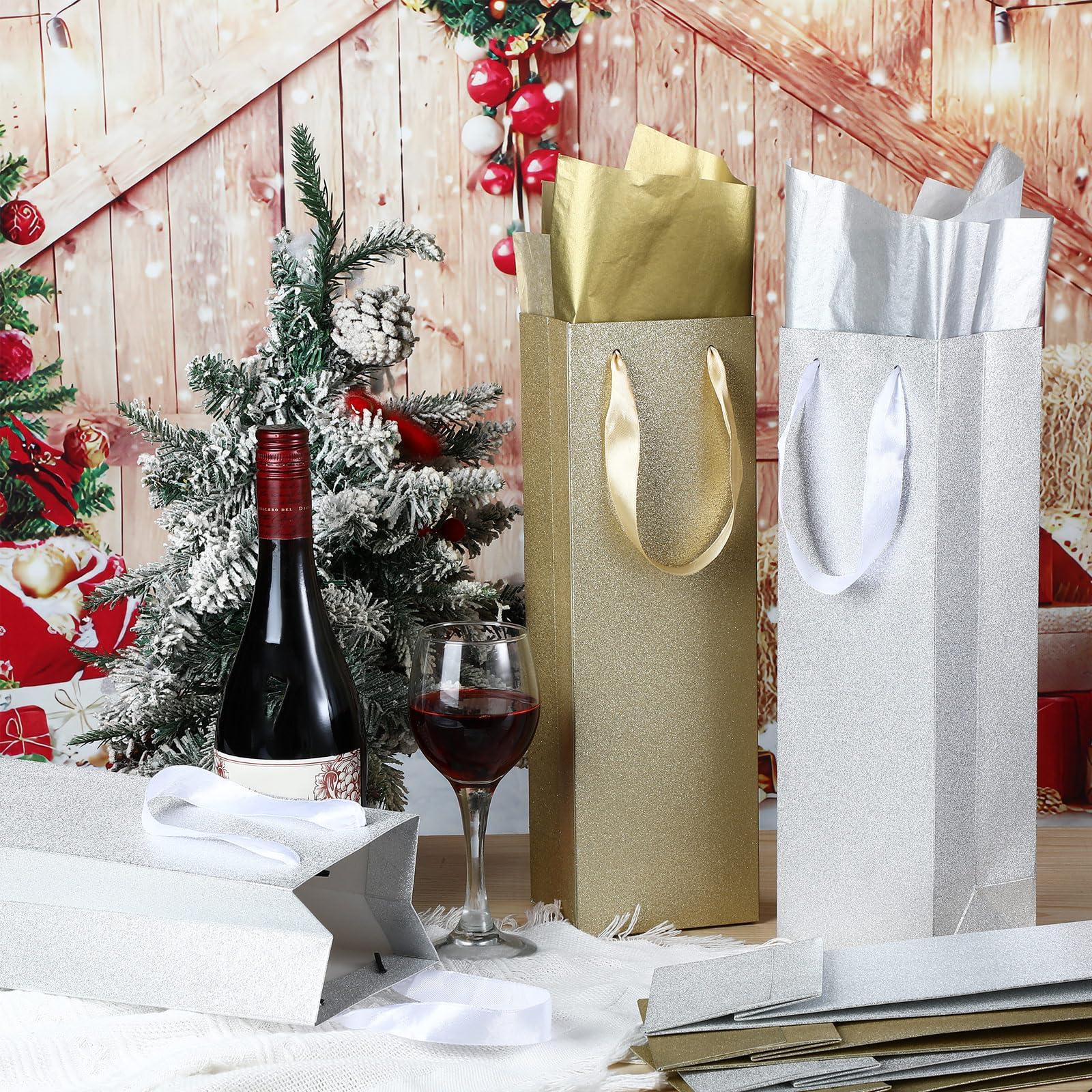 Customized Brand Logo Print Wine Tote Carrier Gift Packaging Paper Bag With Ribbon Handles for Wine Bottles