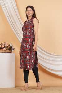 Money fab Sleeve less Rayon Printed Kurti for <b>Women</b> Ethnic Straight Kurta with Collared Neck Black & Multi color - Product Image 5