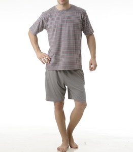 Ensemble de pyjama décontracté à manches courtes pour homme en jersey tricoté 100 % coton teint en fil, rayé, 160 g, confortable et respirant - Product Image 1