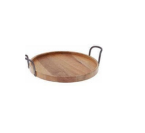Bandeja de madera de acabado liso con mango de metal de forma redonda, perfecta para café o restaurante en casa, uso como servicio o pieza decorativa - Product Image 1