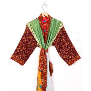 Kimono élégant en soie patchwork vintage, col en V, taille haute, longueur totale, fermeture à cordon, robe de maternité, robe de mariée, robe de plage, robe de soirée pour femmes - Product Image 2