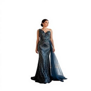 Robe de soirée de luxe bleu foncé, style sirène, sans manches, longueur ras du sol, 100 % polyester, tendance et unique, style européen et américain - Product Image 1