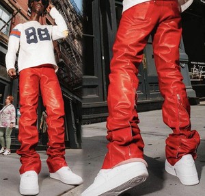 OEM Custom Logo Pu <b>Leather</b> Streetwear High Waist Zipper Pants <b>Flare</b> Sweat <b>Leather</b> <b>Trousers</b> Custom Stacked Faux <b>Leather</b> Pants Men - Product Image 2