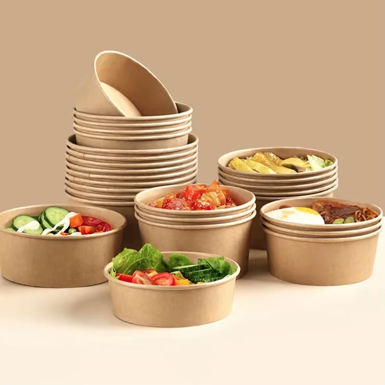 Custom Printed Disposable Round Kraft Paper Bowl with Lid Waterproof Salad Bowl Heat Resistant Poke Bowl for Takeout