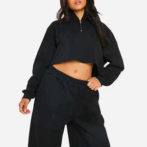 Haute qualité en détresse broderie Streetwear deux pièces fermeture éclair sweats à capuche courts et pantalons de survêtement à jambes larges ensemble femmes survêtement - Product Image 2