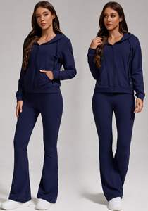 Custom Women's Y2K Retro Athleisure Sportswear Flared Hoodie y Bootcut Pants Patrón sólido Co-Ord de dos piezas - Product Image 3