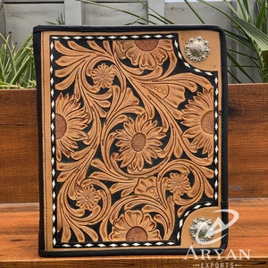 Executive Zippered Holder Hand <b>Tooled</b> <b>Leather</b> Documents Organizer Floral Portfolio File Folder With Letter A4 Size Notepad - Product Image 1