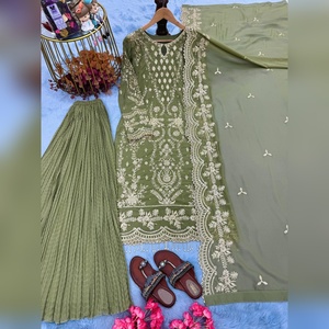 Nouveauté : Ensemble Kurti Sharara et Dupatta en 3 pièces en gros, en faux georgette lourd avec broderie à la main pour femmes - Product Image 4
