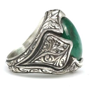 925 Sterling <b>Silver</b> Handmade Men's <b>Ring</b> with Boho Style <b>Statement</b> Leaf Motif and Geometric Oval Jade Stone for Everyday Wear - Product Image 3