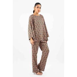 Conjunto de Traje de Lino Estampado de 2 Piezas sin Costuras para Mujer, Color Naranja - Product Image 2