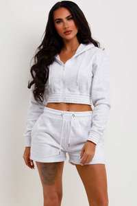 Wholesale <b>Grey</b> Marl 2 Piece <b>Women</b> Crop Zip Hoodie And <b>Shorts</b> Tracksuit Set <b>Women</b> Hoodie & <b>Short</b> Tracksuit Set <b>Women</b> 2 Piece Set - Product Image 4