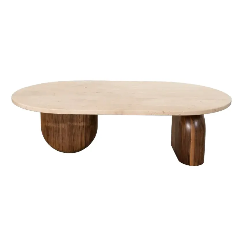 Журнальный столик из тикового дерева с Овальной столешницей из мрамора и закругленными геометрическими ножками