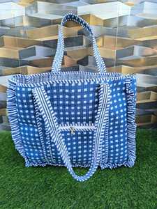 Hand Block Printed Cotton Quilted Fashion Bohemian Frill Tote Bag with Two Handles and Open Closure - Product Image 4