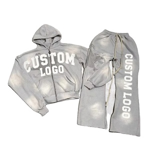 Conjunto de Chándal de Dos Piezas con Cremallera, Bordado, Lavado Ácido, Efecto Desgastado por el Sol, de Alta Calidad, Estilo Oversize Urbano para Invierno - Product Image 1