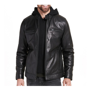 Chaqueta clásica de cuero auténtico estilo motorista con capucha extraíble Chaqueta de moda impermeable de invierno suave con ajuste cómodo - Product Image 1