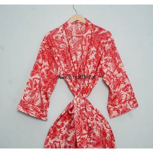 Bata de baño tipo kimono de lujo, 100% algodón, con estampado floral rojo a mano, estilo indio, para dormir, traje de baño, bata de estar por casa, verano/primavera - Product Image 3