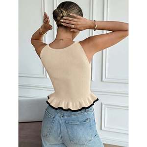 Women's Breathable Crocheted <b>Knit</b> <b>Tank</b> <b>Top</b> with Contrast Trim-Trendy Summer Vest - Product Image 2