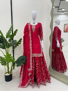 Ropa tradicional Red Chinon Silk Kurta Palazzo con Dupatta para mujeres y niñas para fiestas bodas Diwali festividades - Product Image 2