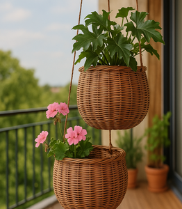 CAPRI Lot de 2 jardinières suspendues élégantes en rotin naturel tissé à la main pour l'intérieur, l'extérieur, le patio et le jardin. - Product Image 1