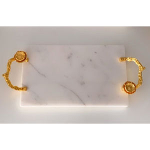 Bandeja para servir de mármol Natural blanco de la más alta calidad, asas de latón con acabado dorado, bandeja decorativa hecha a mano para bodas, decoración del hogar - Product Image 1