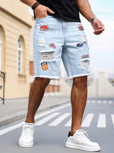 Pantalones cortos de mezclilla rasgados personalizados para hombre, pantalones vaqueros ajustados, estilo vaquero destruido con lavado vintage, ropa de calle informal, ropa de verano al por mayor - Product Image 3